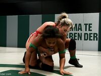 Ebony Yasmine Loven and MILF Sara Jay flaunt their big tits and wrestle