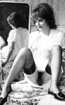 Beautiful vintage models posing in stockings and garters to show hairy snatch