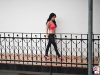 Gorgeous young teen Jessica peels skintight jeans for hot casting ass flash