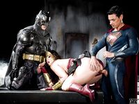 Buxom pornstar Alison Tyler giving Batman and Superman blowjobs