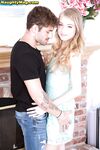 Tiny blonde Hannah Hays kissing her stepbrother before giving him a handjob
