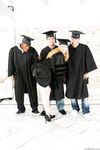 Blonde grad in heels spreads to flash nude upskirt in interracial group grope