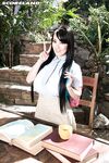 Asian school girl with big boobs Hitomi enjoys her topless time outdoors