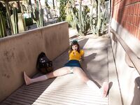 Nerdy but provocative-looking girl Yvette Nolot surprises with upskirt view