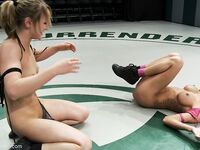 Wild brunettes Jessie Cox and Gia DiMarco wrestle, strip and fuck