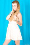 Tall thin Adriana Angel drops dress to show flat chest & diamond pussy tattoo