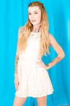 Tall thin Adriana Angel drops dress to show flat chest & diamond pussy tattoo