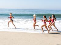 Hot beach babes in swimsuits & bare feet exercising on knees showing sexy ass