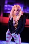 Attractive blonde Luna Star stripping out off her black dress showing her body