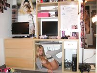 Blonde coed shows her big naturals while wearing thigh high socks