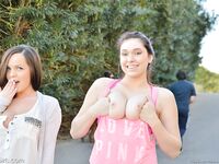 Hot horny teen shows naked big tits and cameltoe in public flashing