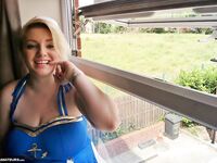 Big chubby JessicasHoneyz bends for naked upskirt & offers up huge big tits