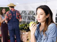 Beautiful farmer's wife Eva Lovia gets rammed at the vegetable market