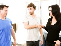 Busty brunette Veronica Avluv does a mid air DP with her men friends