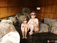 Japanese girls strip naked outdoors exposing hairy pussy for public toying