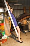 Amateur blonde Irena gagged & tied fully clothed to a ladder for garage grope