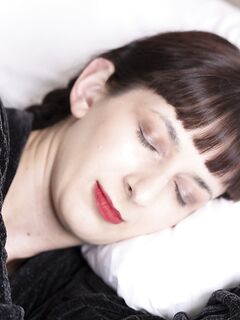 Amateur brunette with red lipstick Destine fingering her hairy pussy
