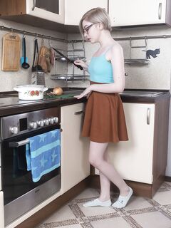 Amateur teen Abby shows off her hairy pussy & armpit in the kitchen