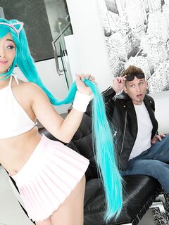 Asian cutie Ayumu Kase seduces a white boy in her cosplay outfit
