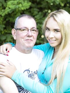 Young blonde girl with big boobs has sex with her sugar daddy in driveway