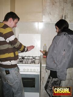 Teen lovers engage in a hard couples fuck in the kitchen
