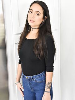 Exotic babe with tattoos Mi Ha Doan shows her pierced nip & stretches her muff