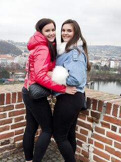 Brunette teens Taylee Wood & Little Ellis show their big tits & share a dick
