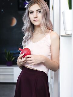 Teen first timer uncovers gig boobs as she strips to pink knee socks