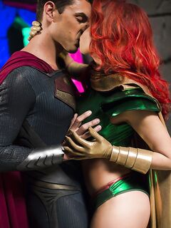 Chesty cosplay redhead Britney Amber taking a cumshot on her tongue